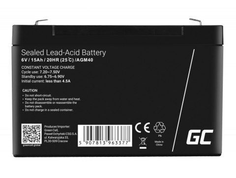 GREEN CELL AKUMULATOR ŻELOWY AGM40 6V 15AH GREEN CELL AKUMULATOR ŻELOWY AGM40 6V 15AH