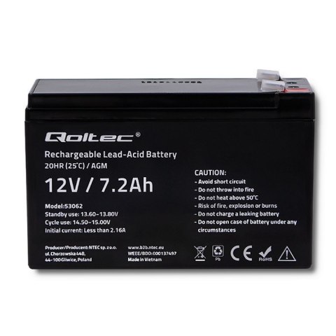 QOLTEC AKUMULATOR AGM 12V | 7.2AH | MAX 108A QOLTEC AKUMULATOR AGM 12V | 7.2AH | MAX 108A