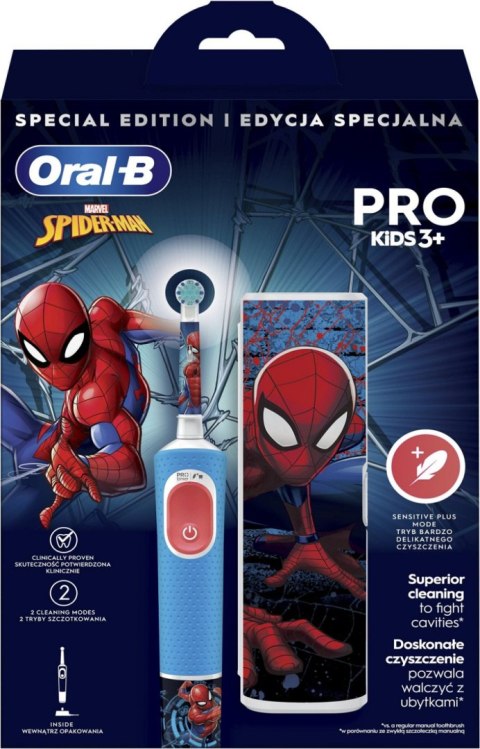 Oral-B | Vitality PRO Kids Spiderman | Elektryczna szczoteczka do zębów z etui podróżnym | Akumulatorowa | Dla dzieci | Niebiesk Oral-B | Vitality PRO Kids Spiderman | Elektryczna szczoteczka do zębów z etui podróżnym | Akumulatorowa | Dla dzieci | Niebiesk